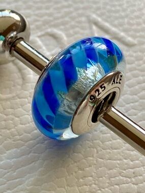 Authentic Pandora Silver Blue Stripe Murano Charm “A” ~ Retired